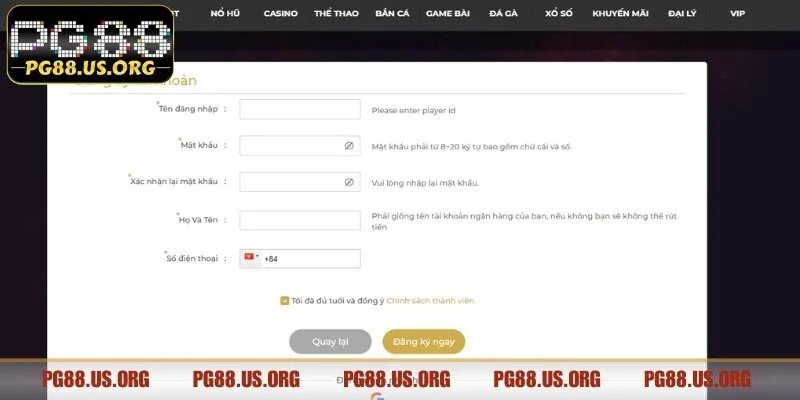 Hướng dẫn tạo nick cá cược tại PG88